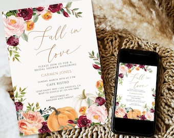 May include: A bridal shower invitation with the words "Fall in Love" in elegant script, surrounded by floral arrangements and pumpkins. A smartphone displays the same design. The invitation includes event details.