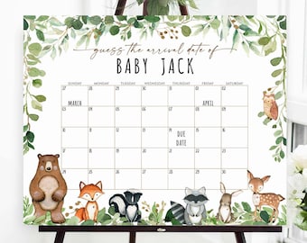 Woodland Baby Due Date Calendar, Guess Baby's Birth Date, Guess Baby Birthday Calendar, Guess Baby's Birthday, Baby Prediction,Due Date Game