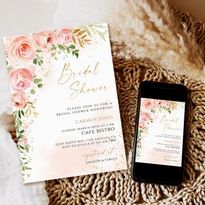 Bridal Shower Invitation Template, blush pink floral bridal shower invitation download, Printable bridal shower invite, Floral bridal shower