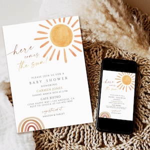 Here Comes the Sun Baby Shower Invitation Editable, Boho Sunshine Baby Sprinkle Invite, Bohemian Sun Neutral, Baby shower Printable Template