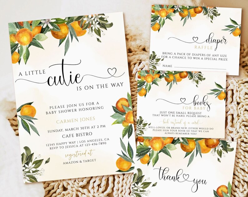 A Little Cutie is on the Way Clementine Orange Gender Neutral Baby Shower Invitation Little cutie baby shower invitation