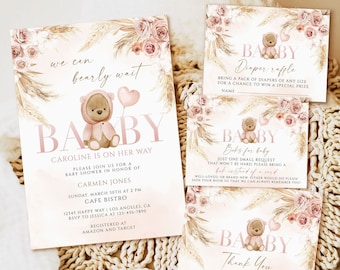Boho Bear Baby Shower Invitation Template, Floral Girl Invite (Editable)