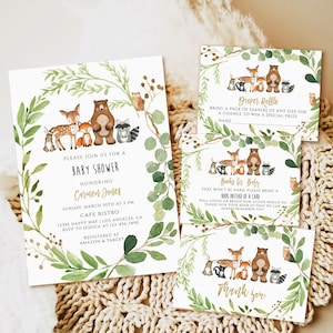 Wald Babyparty Einladung Vorlage, Gender Neutral Greenery Babyparty einladen, druckbare Babypartyeinladung herunterladen, Baby evite