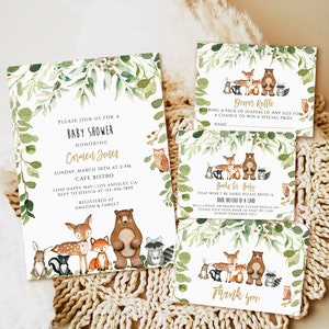 Bearbeitbare Woodland Baby-Dusche-Einladungs-Vorlage, druckbare Baby-Dusche-Einladungs-Download, Wald-Baby-Dusche-Einladungs-Set, evite