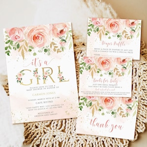 Blush Pink Floral Baby Shower Invitation Girl, Editable Printable Sweet Girl Baby Shower Invitation Template, Baby shower Instant Download