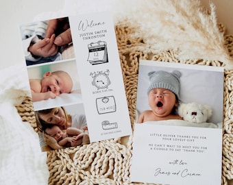 May include: A white card with black text announcing the birth of a baby boy named Oliver. The card includes the baby's birth date, time, weight, and length. It also includes a photo of the baby yawning in a gray hat with a white teddy bear.