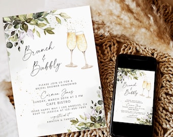 Brunch and Bubbly Bridal Shower Invitation, Greenery, Editable Template