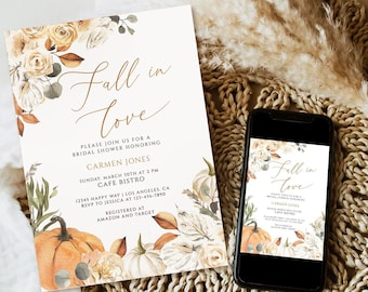 May include: A bridal shower invitation with the text "Fall in Love" in elegant script, featuring watercolor pumpkins, flowers, and foliage. A smartphone displays the same design. The invitation is on a beige background.