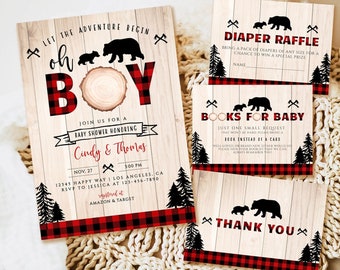 Lumberjack Baby Shower Invitation, Bear Woodland Baby Shower Invitation, Lumber jack baby shower invitation set, Buffalo Plaid invitation