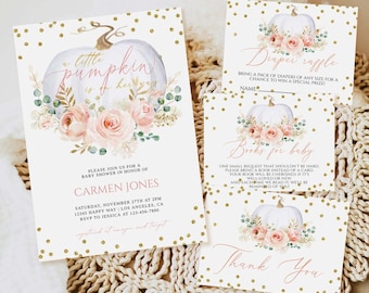 May include: A set of baby shower stationery featuring a white pumpkin with pink roses and gold polka dots. The invitation reads: A little pumpkin is on her way, Carmen Jones, Saturday, November 27th at 2pm, 12345 Happy Way, Los Angeles, CA.
