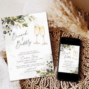 Brunch and Bubbly Bridal Shower Invitation, Greenery Bridal Shower invite, Wedding Shower Invitation, Editable Champagne Shower Template