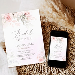 Bridal Shower Invitation Template, Greenery bridal shower invitation printable, blush pink floral Bridal shower download, boho bridal shower