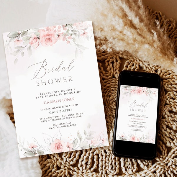 Bridal Shower Invitation Template, Pink Floral Greenery bridal shower invite, Blush pink floral bridal shower invitation download, printable