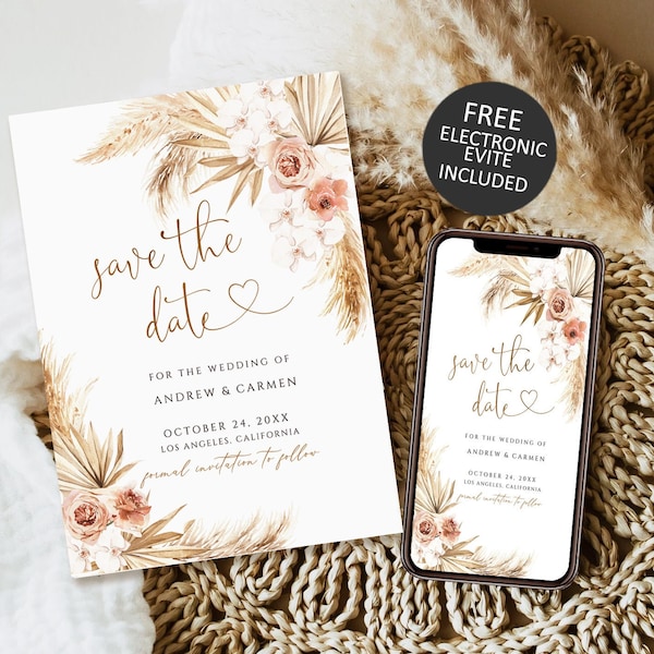 Save The Date Template, pampas grass Save the Date Download, electronic save the date, boho save the date evite, printable save the date