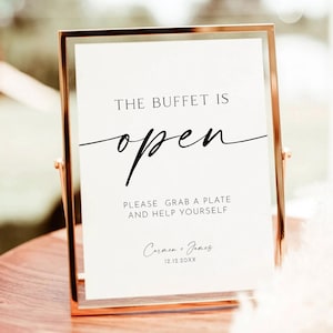 Placa de mesa de bufê moderna, modelo de placa de casamento com bufê aberto, placa de bufê de comida, placa de mesa de bufê de casamento, download editável para impressão