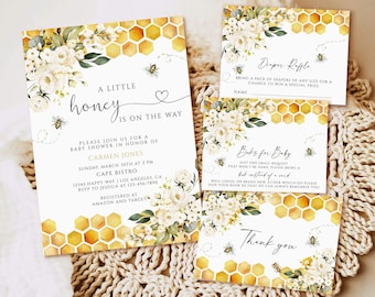 Bee Baby Shower Invitation, Gender Neutral, White Floral (Printable Template)