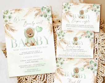 Boho Bear Baby Shower Invitation Template, Gender Neutral Printable (Editable)