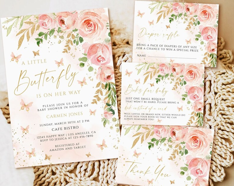 Butterfly Baby Shower Invitation template blush pink floral baby shower invitation girl printable little butterfly baby