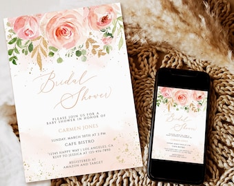 Bridal Shower Invitation Template, blush pink floral bridal shower invitation download, Printable bridal shower invite, Floral bridal shower