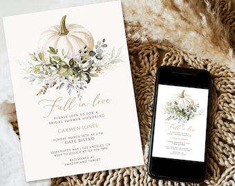 May include: A bridal shower invitation with a watercolor design featuring a white pumpkin and greenery. The invitation reads "Fall in love" and includes event details. A smartphone displays the same design.