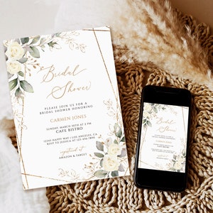 Greenery Gold Bridal Shower Invitation, Bridal shower invitation template, Bridal Shower Invitation Printable,floral Bridal shower Printable