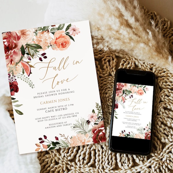 Fall Bridal Shower Invitation Template, Pumpkin Fall In Love invitation Download, Editable floral bridal invite download, Autumn Printable