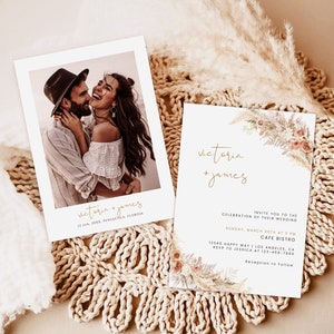 Minimalist Wedding Invitation Template, Pampas grass Wedding Invite printable, Boho modern Wedding Invite, Photo Wedding Invitation download
