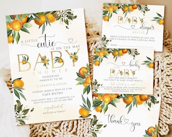 Orange Baby Shower Invitation, Gender Neutral Couples, A Little Cutie (Digital Download)
