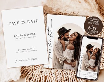 Photo Save the Date Invitation, Minimalist Save the Date, Minimal Save the Date, Boho Save the Date Cards, Editable save the date Template