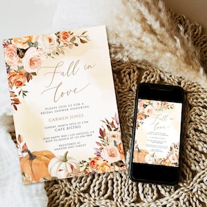 Puede incluir: Una invitación rectangular para despedida de soltera y un teléfono inteligente que muestra el mismo diseño, con rosas de acuarela naranjas y blancas, hojas de otoño y calabazas con el texto Fall in love, Carmen Jones, Sunday, March 30th at 2 PM.