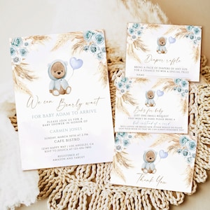 Boho Bear Baby Shower Invitation Template, Teddy Bear Baby Shower Invitation Printable Editable, Blue floral Boho boy Baby Shower Invite