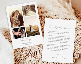 May include: A wedding thank you card with a collage of photos of the bride and groom. The card has a white background with black text that reads "Thank you, Carmen & Jonas, June 20XX". The text on the back of the card reads "Dearest family & friends, Thank you for being a part of our lives and supporting us through our journey. From the bottom of our heart we would like to thank you for celebrating our special day with us and making it the most memorable day of our lives. We haven't laughed and smiled that much in a single day, ever! Thank you for your abundant generosity and kindness with your gift, we feel beyond grateful. We look forward to sharing the next chapter of our lives and sharing many more memories with you! Love, Amelia + Jackson."