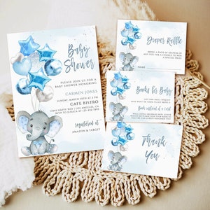 Elephant Baby Shower Invitation boy, editable blue balloon baby shower invitation download, printable invite template, boy Invitation set