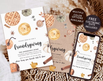 May include: Thanksgiving invitation design featuring watercolor illustrations of pie, pumpkins, and fall leaves. The invitation includes the text "friendsgiving" and event details. A smartphone displays the invitation, with "Multiple Color Options Available" and "Free Electronic Evite Included" badges.