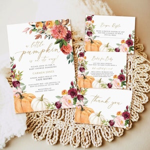 Little pumpkin baby shower invitation set template, fall baby shower invitations, autumn leaves rustic baby shower invites, fall floral