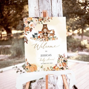 Editable Fall Woodland Baby Shower Welcome Sign, Woodland Pumpkin Baby Shower Welcome Poster, Boy Autumn Forest Animals Sign Template, f2