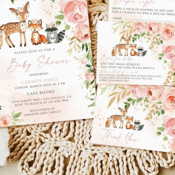 Woodland Baby Shower Invitation Set, woodland floral baby shower invitation girl, woodland girl baby shower invitation download, baby invite