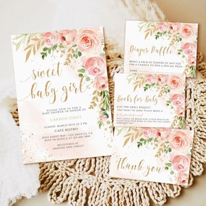 Blush Pink floral Baby-Dusche-Einladung Mädchen, druckbare Mädchen-Baby-Dusche-Einladungs-Bundle, süßes Baby-Mädchen einladen, Baby-Dusche-Einladung.