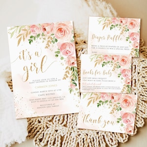 Blush Pink Floral Baby-Dusche-Einladung Mädchen, druckbare Mädchen-Baby-Dusche-Einladungs-Vorlage, süßes Baby-Mädchen einladen, es ist eine Mädchen-Einladung