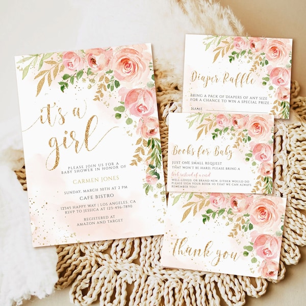 Blush Pink Floral Baby Shower Invitation, Girl Invite (Printable Template)