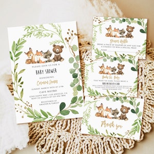 Modèle d'invitation de douche de bébé animaux de la forêt de verdure, ensemble d'invitation de douche de bébé de forêt, téléchargement imprimable d'invitation de douche de bébé