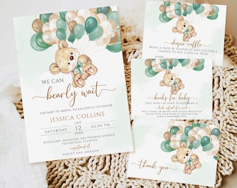 Boho Bear Baby Shower Invitation Template, Green Balloons (Editable)