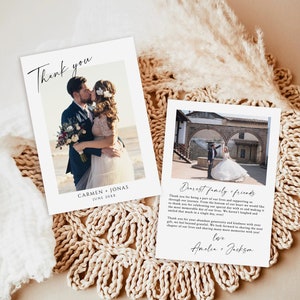 Modèle modifiable de carte de remerciement photo, carte de remerciement de mariage minimaliste, remerciement de mariage minimal, téléchargement de carte de remerciement moderne Boho