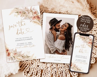 Save The Date Template, pampas grass Save the Date Download, electronic save the date, boho save the date evite, printable save the date