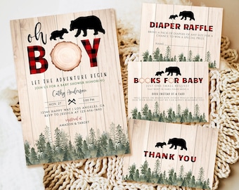 Set di inviti per baby shower a tema boscaiolo, fantasia a quadri Buffalo (download immediato)