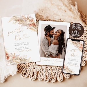 Save The Date Template, pampas grass Save the Date Download, electronic save the date, boho save the date evite, printable save the date