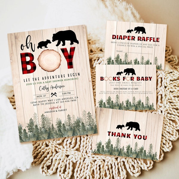 Lumberjack Baby Shower Invitation set, Editable Buffalo Plaid Pack Diaper raffle, Book for Baby Set, Rustic Boy Package, Instant Download