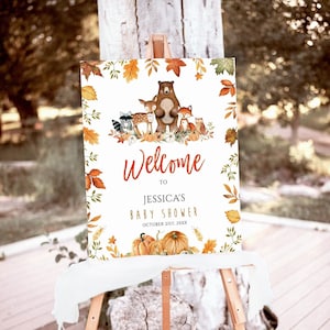 Editable Fall Woodland Baby Shower Welcome Sign, Woodland Pumpkin Baby Shower Poster, Gender Neutral Woodland Fall Baby Shower Decor SIgns
