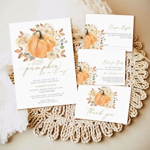 Little pumpkin baby shower invitation set template, fall baby shower invitations, autumn leaves rustic baby shower invites, fall floral