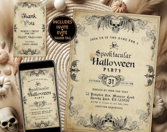 Pode incluir: Um conjunto de convites para festas de Halloween em estilo vintage. O conjunto inclui um convite grande, uma etiqueta e um telefone exibindo o design do convite. O design apresenta caveiras, morcegos e o texto "Spooktacular Halloween Party."